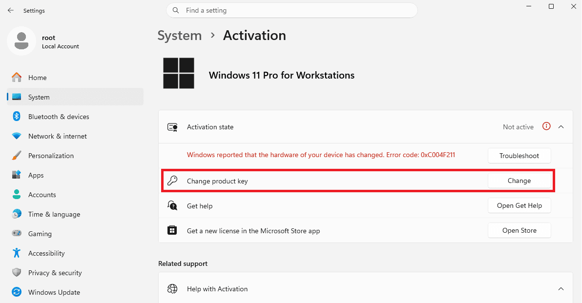 Windows 11 product key button